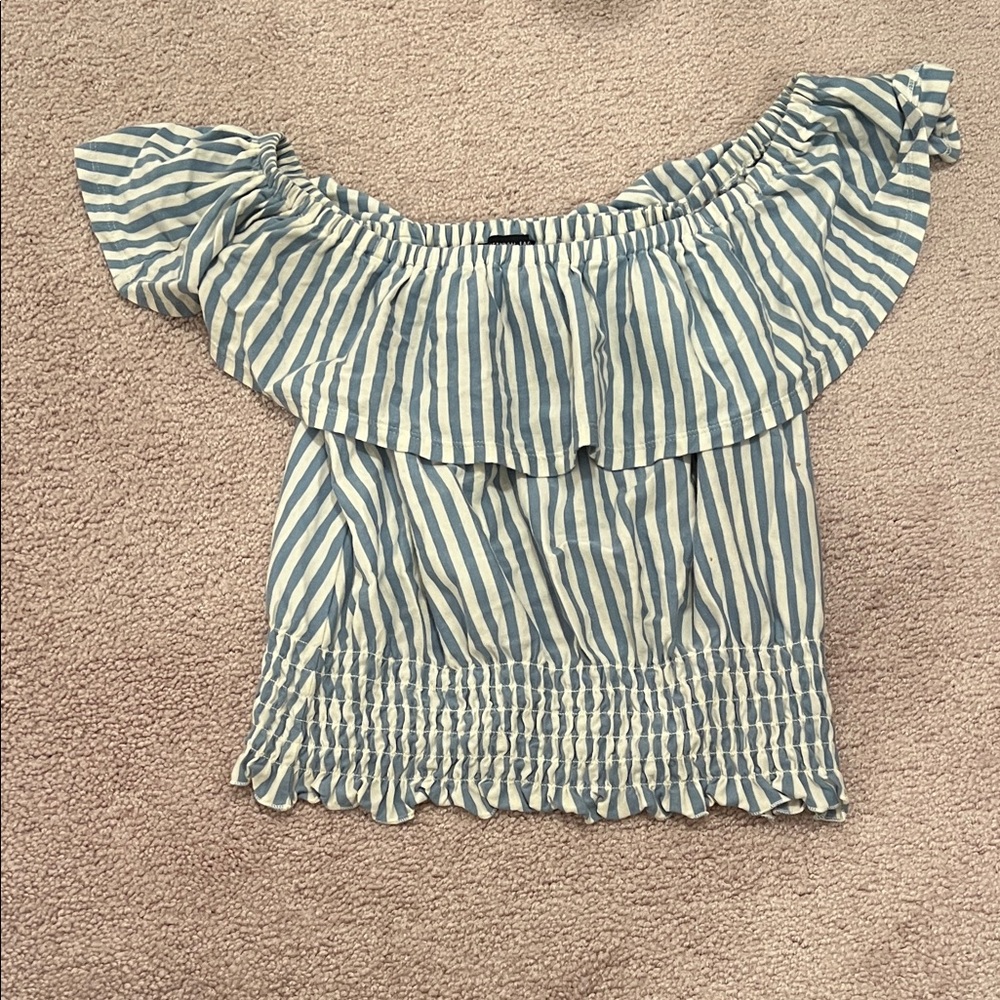 American Eagle Outfitters Blue and White Off-Shoulder Blouse